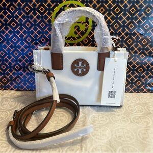 Tory Burch Ella Mini Tote Crossbody Snow White Silver Brown Tan